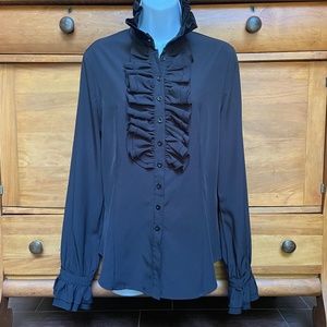 Dearcase Black Stand-Up Collar Ruffle Shirt/Blouse - Size M